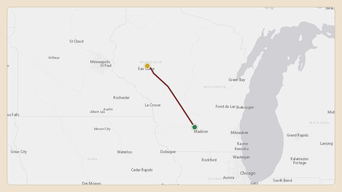 Flight path for Lawrence Menard's N1808C from KC29 — Middleton Municipal Morey Field to KEAU — Chippewa Valley Regional Airport