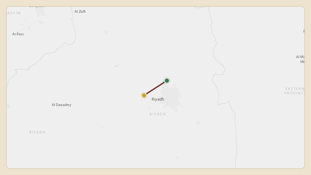 Flight path for Saudi Aramco's N801XA from OERK — King Khalid International Airport to OE53 — King Abdul Aziz Military Academy Airport