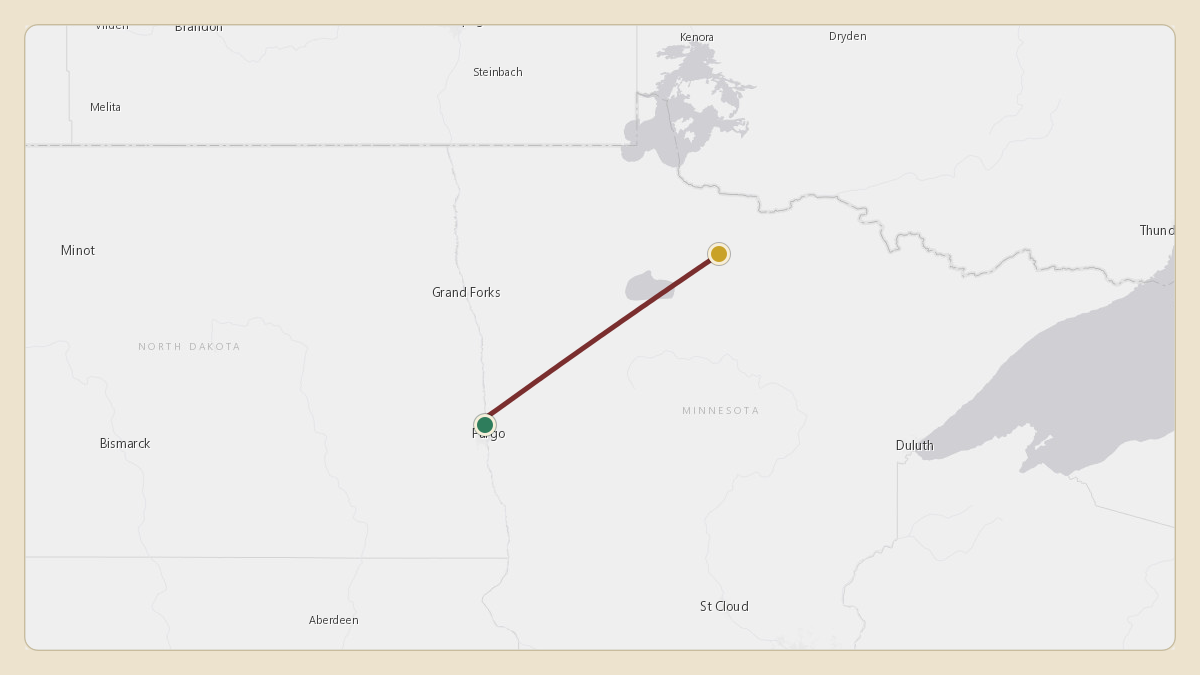 Flight path for Menard Inc.'s N563M from KFAR — Hector International Airport to KVWU — Waskish Municipal Airport