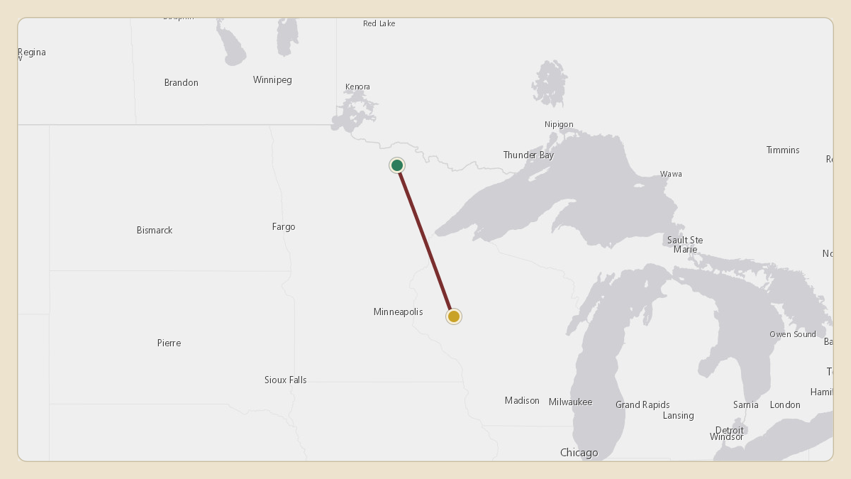 Flight path for Menard Inc.'s N563M from CJC7 — Burditt Lake Seaplane Base to 3WN8 — Blunt Field