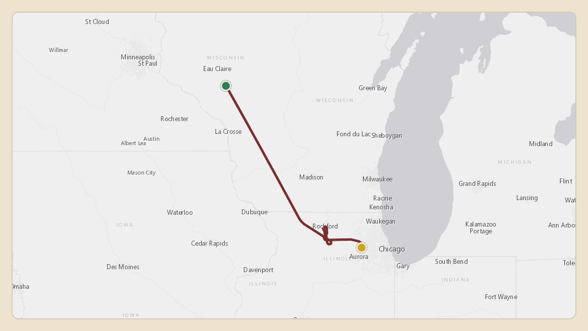 Flight path for Menard Inc.'s N540M from KEAU — Chippewa Valley Regional Airport to KDPA — Dupage Airport