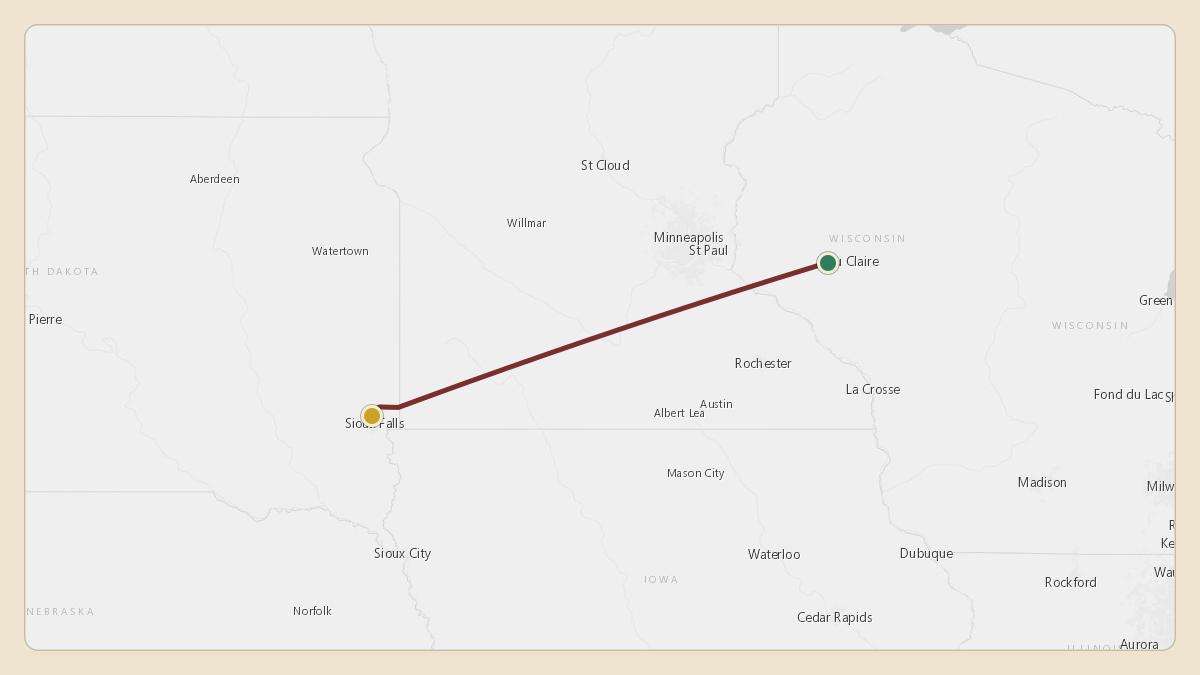 Flight path for Menard Inc.'s N587M from KEAU — Chippewa Valley Regional Airport to KFSD — Sioux Falls Regional Airport