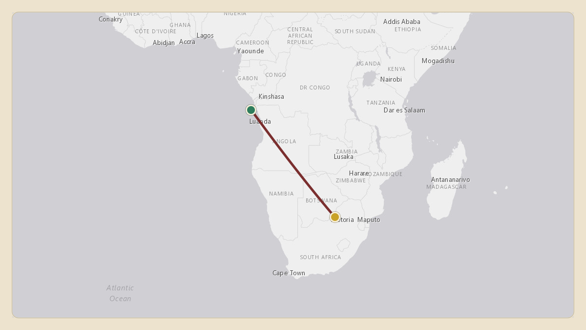 Flight path for Nicky Oppenheimer's ZS-AKF from -6.85°, 11.74° to FAPN — Pilanesberg International Airport