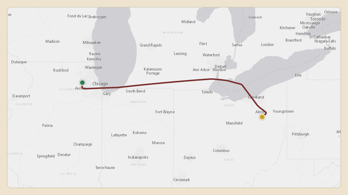 Flight path for Menard Inc.'s N540M from KDPA — Dupage Airport to KCAK — Akron Canton Regional Airport