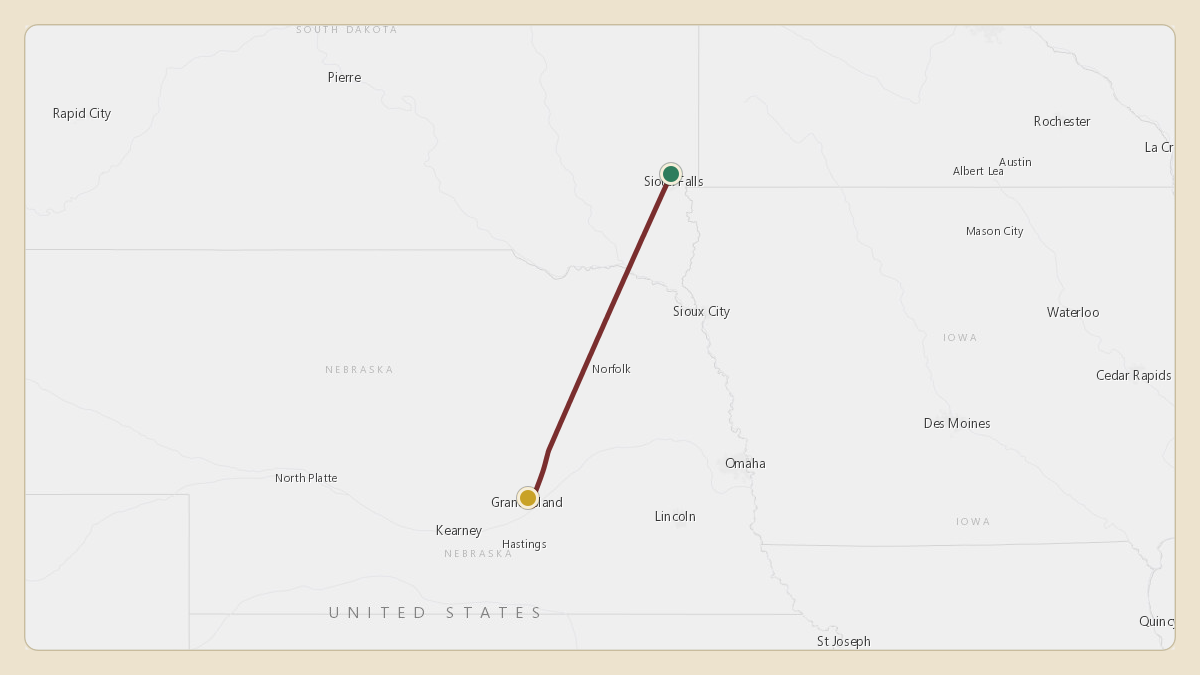 Flight path for Menard Inc.'s N587M from KFSD — Sioux Falls Regional Airport to KGRI — Central Nebraska Regional Airport