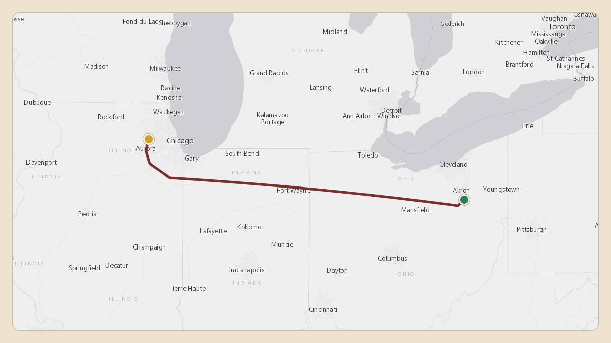 Flight path for Menard Inc.'s N540M from KCAK — Akron Canton Regional Airport to KDPA — Dupage Airport