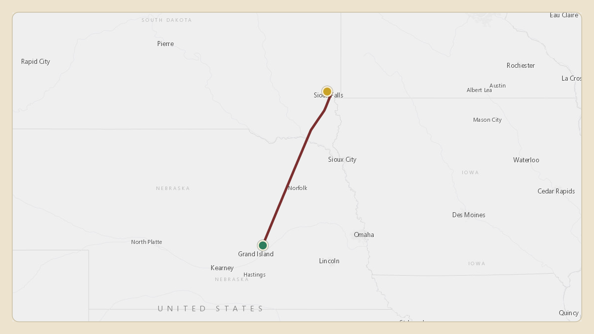 Flight path for Menard Inc.'s N587M from KHSI — Hastings Municipal Airport to KFSD — Sioux Falls Regional Airport