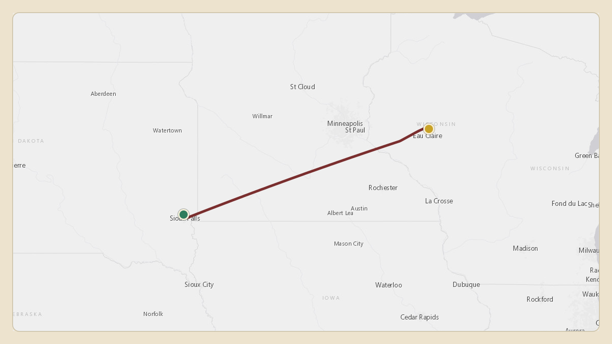 Flight path for Menard Inc.'s N587M from KFSD — Sioux Falls Regional Airport to KEAU — Chippewa Valley Regional Airport