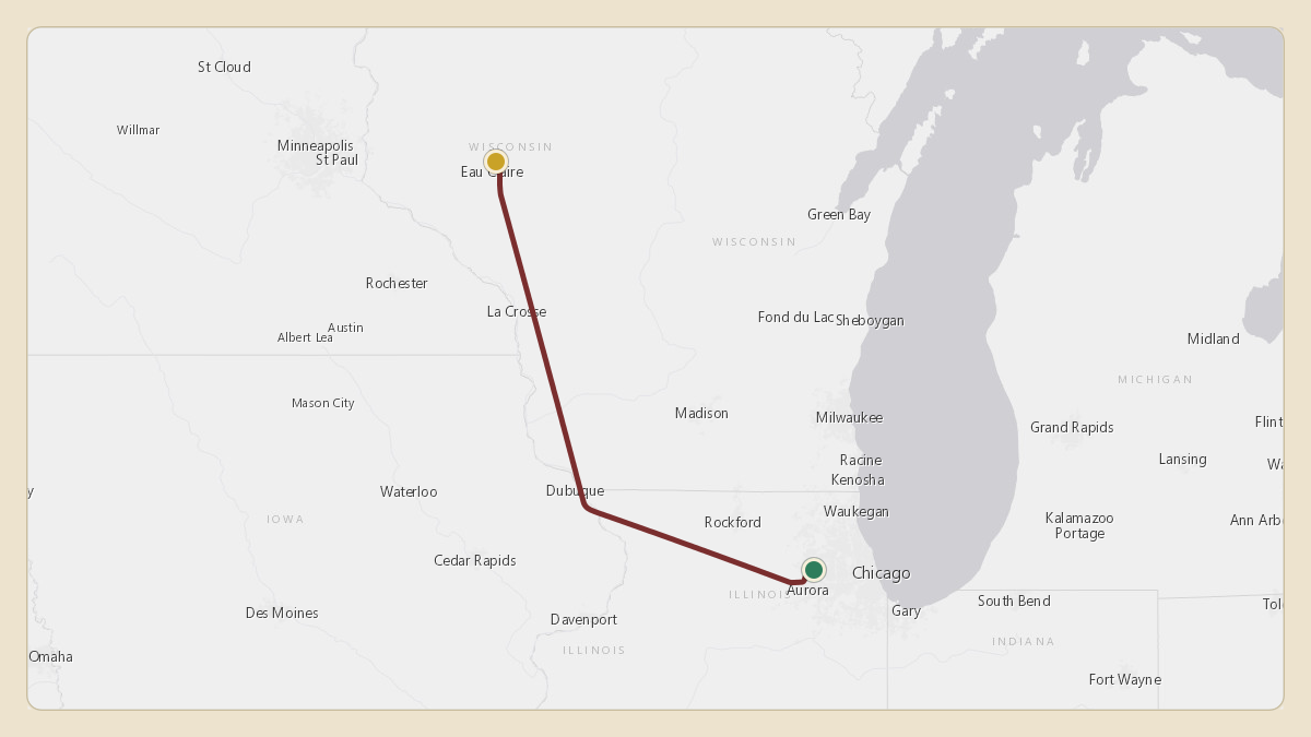 Flight path for Menard Inc.'s N540M from KDPA — Dupage Airport to KEAU — Chippewa Valley Regional Airport