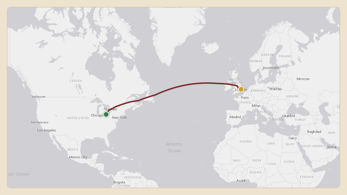 Flight path for Sheikh Mohammed bin Rashid Al Maktoum's A6-MMM from KCLE — Cleveland Hopkins International Airport to EGSS — London Stansted Airport