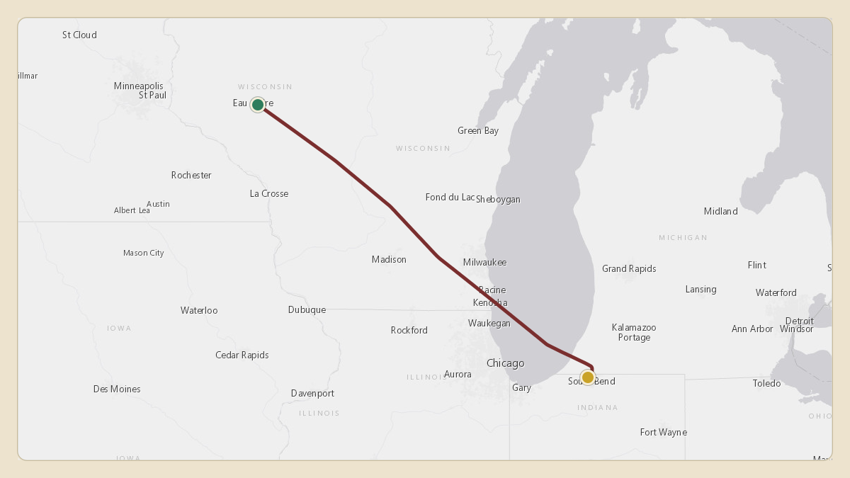 Flight path for Menard Inc.'s N538M from KEAU — Chippewa Valley Regional Airport to KSBN — South Bend International Airport