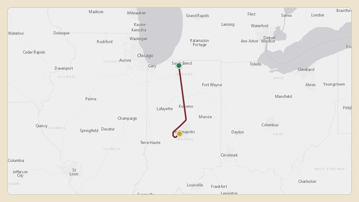 Flight path for Menard Inc.'s N538M from KSBN — South Bend International Airport to KIND — Indianapolis International Airport