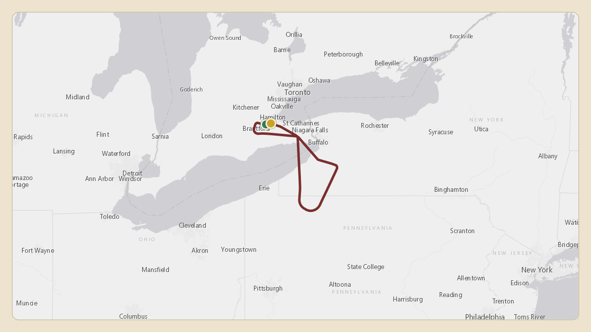 Flight path for Robert Kraft's N225NE from CYHM — John C. Munro Hamilton International Airport to CYHM — John C. Munro Hamilton International Airport