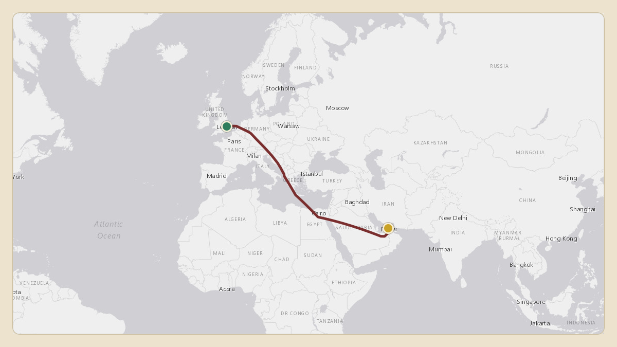 Flight path for Sheikh Mohammed bin Rashid Al Maktoum's A6-MMM from EGSS — London Stansted Airport to OMDB — Dubai International Airport