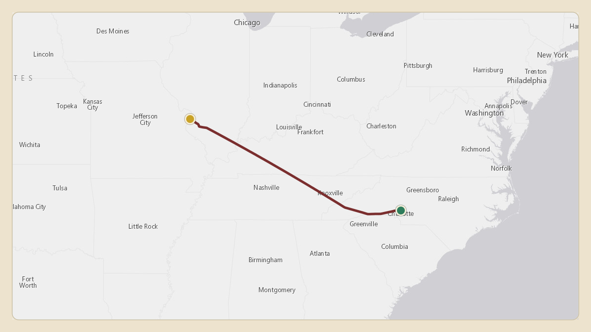 Flight path for Rick Hendrick's N508RH from KJQF — Concord-Padgett Regional Airport to KCPS — St Louis Downtown Airport