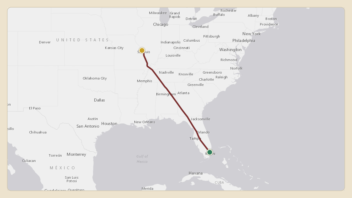 Flight path for Rick Ross's N33055 from KOPF — Miami-Opa Locka Executive Airport to KSTL — St. Louis Lambert International Airport
