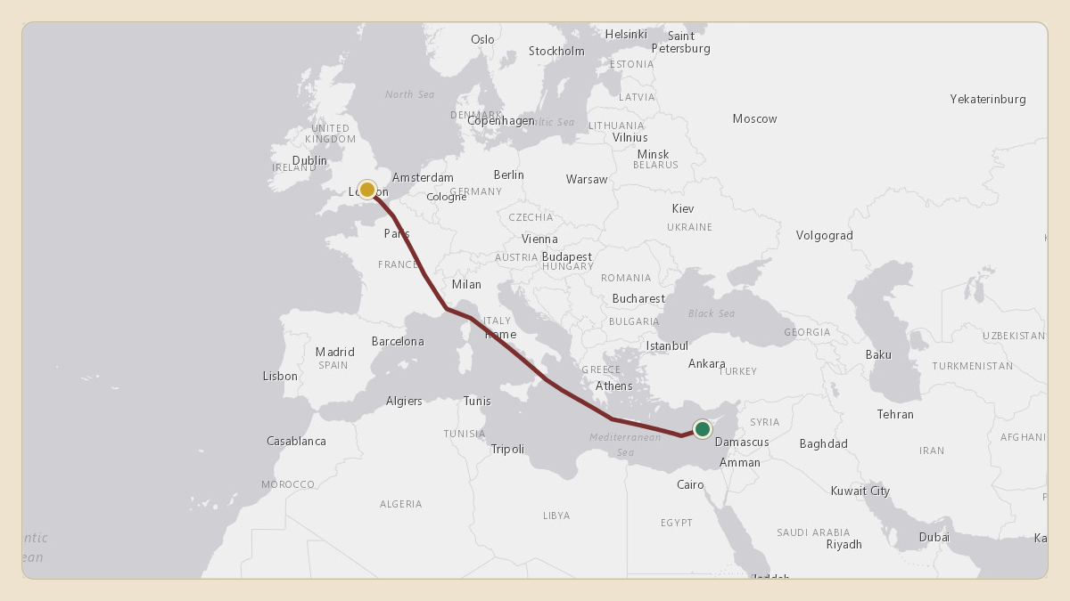 Flight path for UK Government / Royal Flight's G-ZAHS from LCRA — RAF Akrotiri to EGLL — London Heathrow Airport