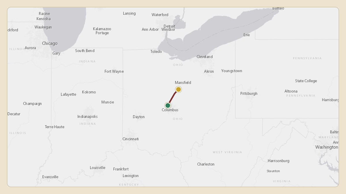 Flight path for Mike DeWine's N387LJ from KOSU — The Ohio State University Airport - Don Scott Field to K4I9 — Morrow County Airport