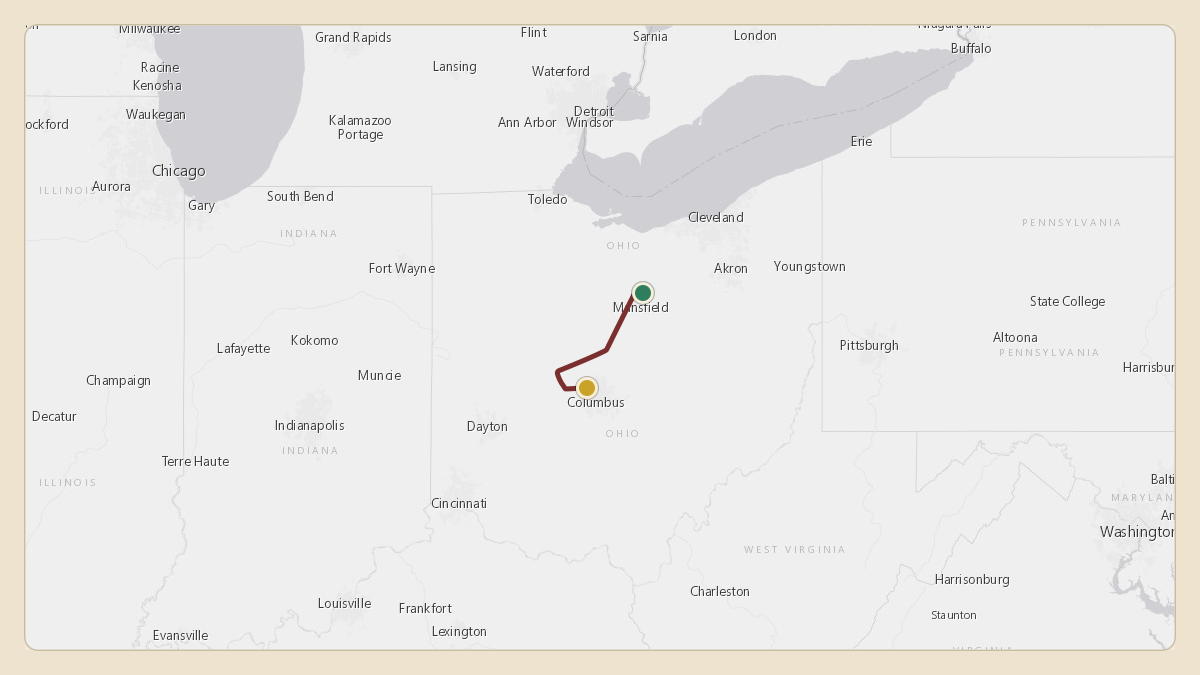 Flight path for Mike DeWine's N387LJ from KMFD — Mansfield Lahm Regional Airport to KOSU — The Ohio State University Airport - Don Scott Field
