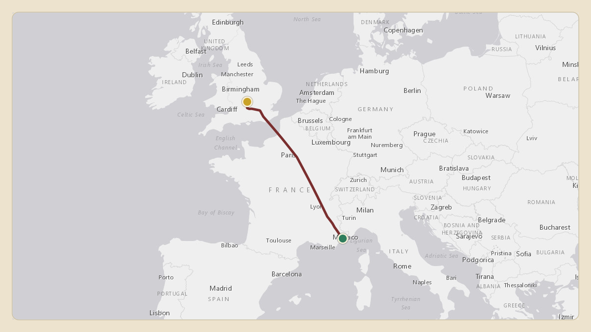 Flight path for Lawrence Stroll's OE-LSS from LFMN — Nice-Côte d'Azur Airport to EGVN — RAF Brize Norton