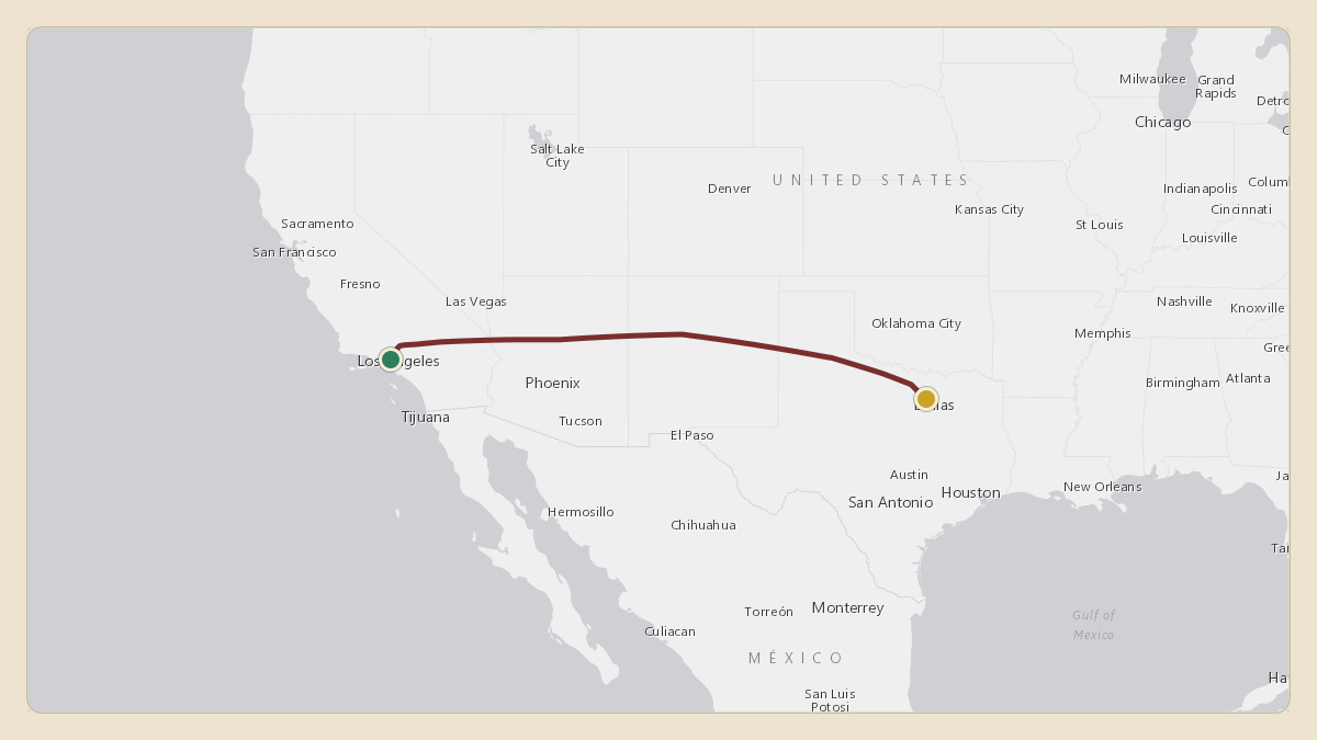Flight path for Stan Kroenke's N218KF from KVNY — Van Nuys Airport to KDFW — Dallas Fort Worth International Airport