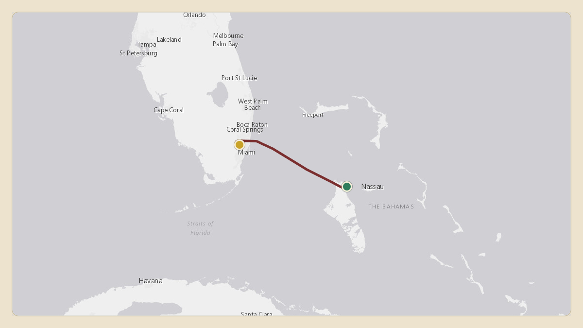 Flight path for Silvestre Dangond's N812SD from MYAN — San Andros Airport to KOPF — Miami-Opa Locka Executive Airport