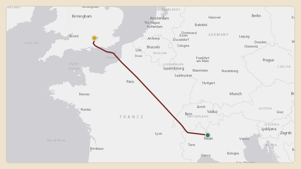 Flight path for Lawrence Stroll's OE-LSS from LIML — Milano Linate Airport to EGLF — Farnborough Airport