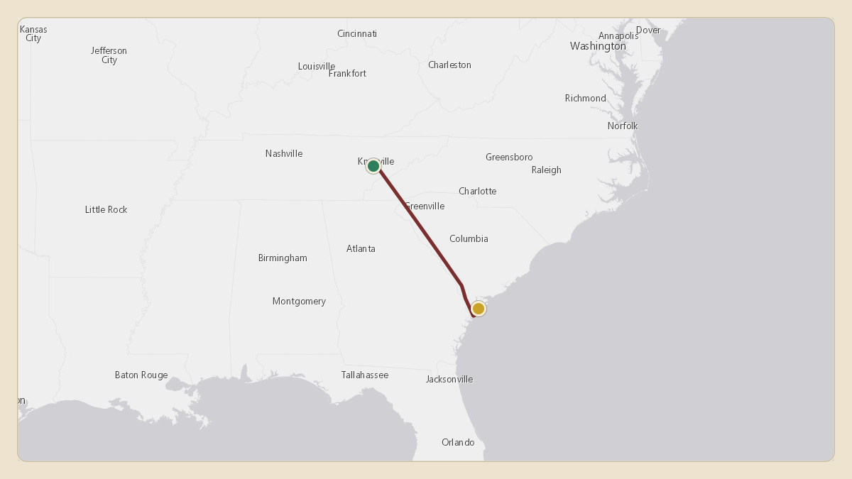 Flight path for Jimmy Haslam's N715CB from KTYS — McGhee Tyson Airport to KHXD — Hilton Head Airport