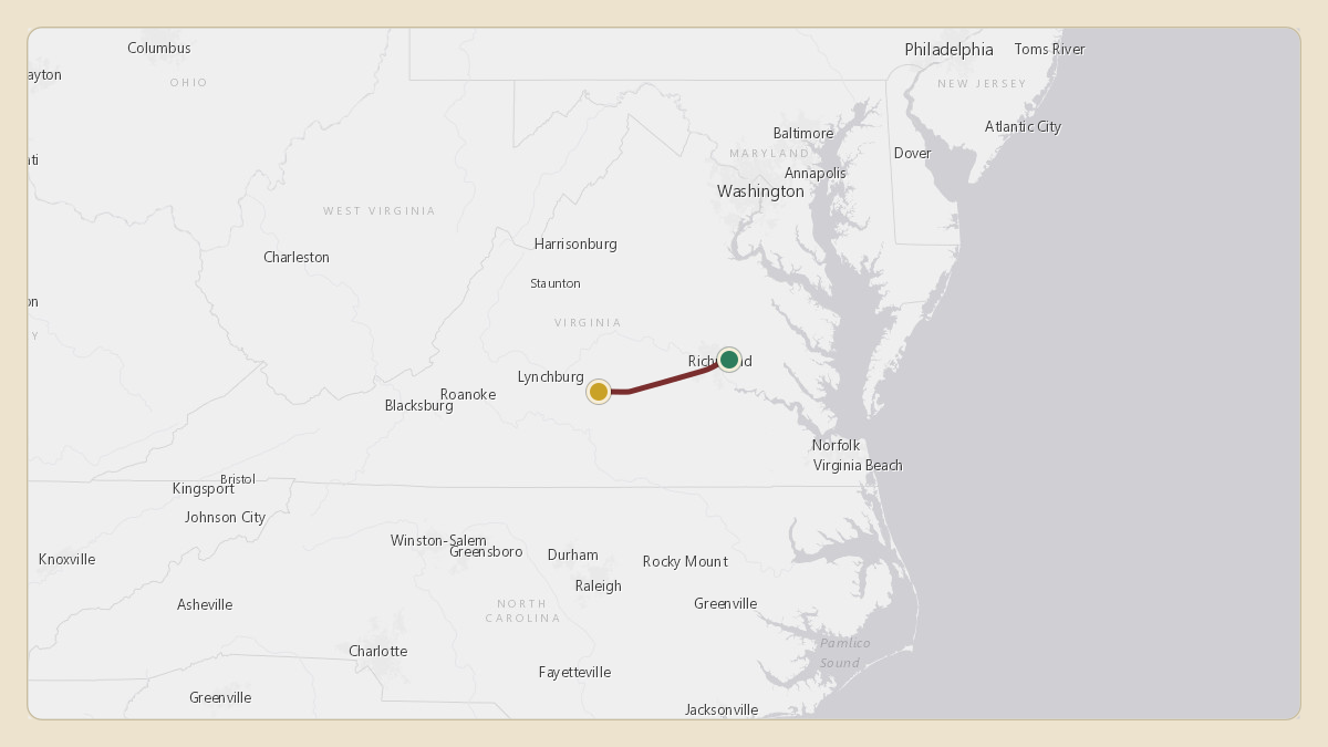 Flight path for Glenn Youngkin's N2VA from KRIC — Richmond International Airport to KFVX — Farmville Regional Airport