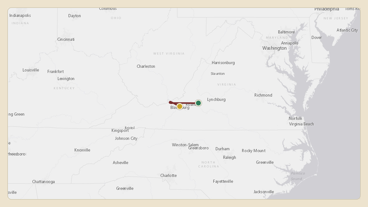 Flight path for Glenn Youngkin's N2VA from VG27 — Windy Ridge Airport to KBCB — Virginia Tech Montgomery Executive Airport