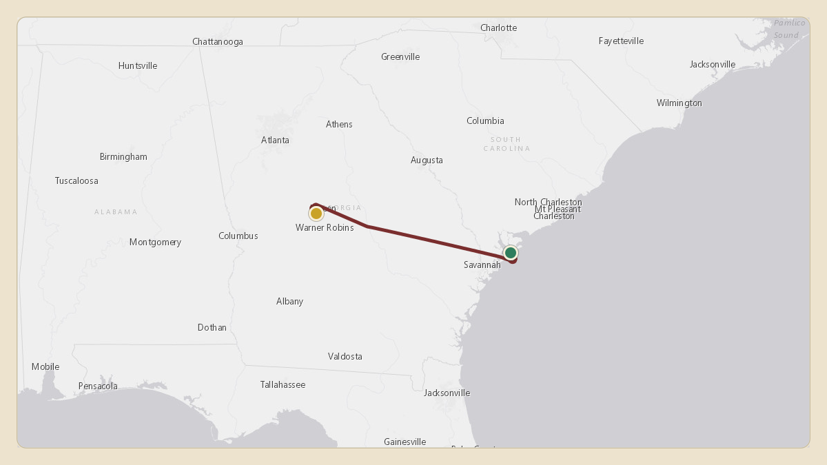 Flight path for Jimmy Haslam's N715CB from KHXD — Hilton Head Airport to KMCN — Middle Georgia Regional Airport
