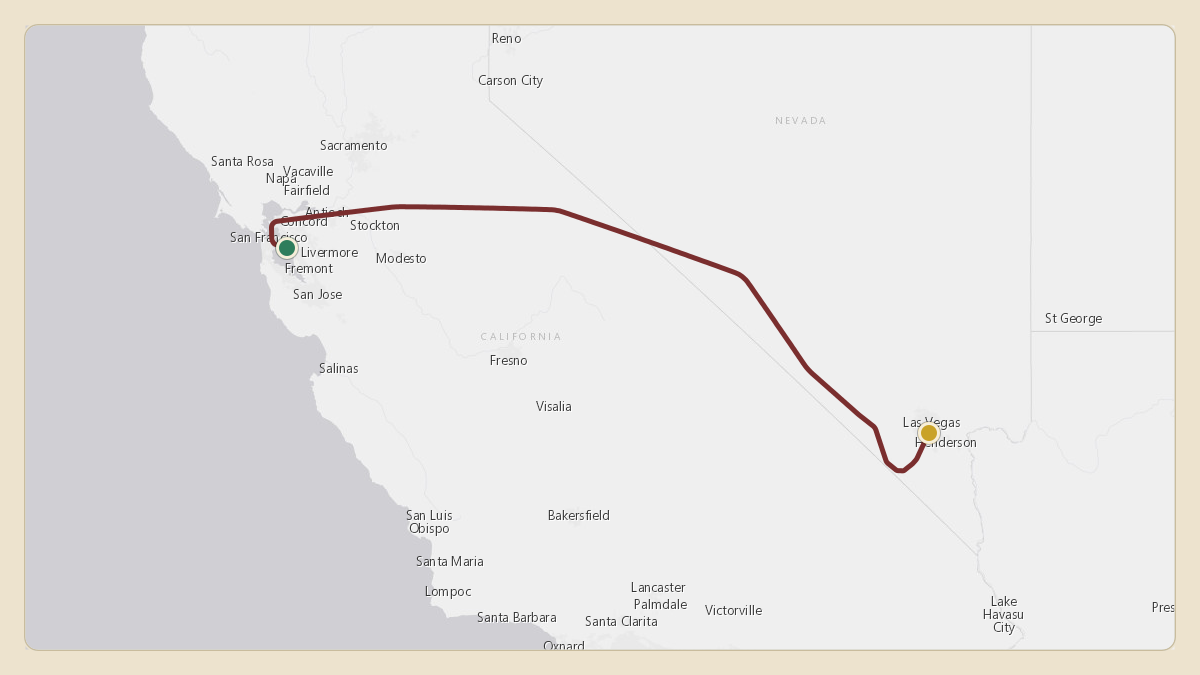 Flight path for James Dolan's N5465M from KOAK — San Francisco Bay Oakland International Airport to KLAS — Harry Reid International Airport