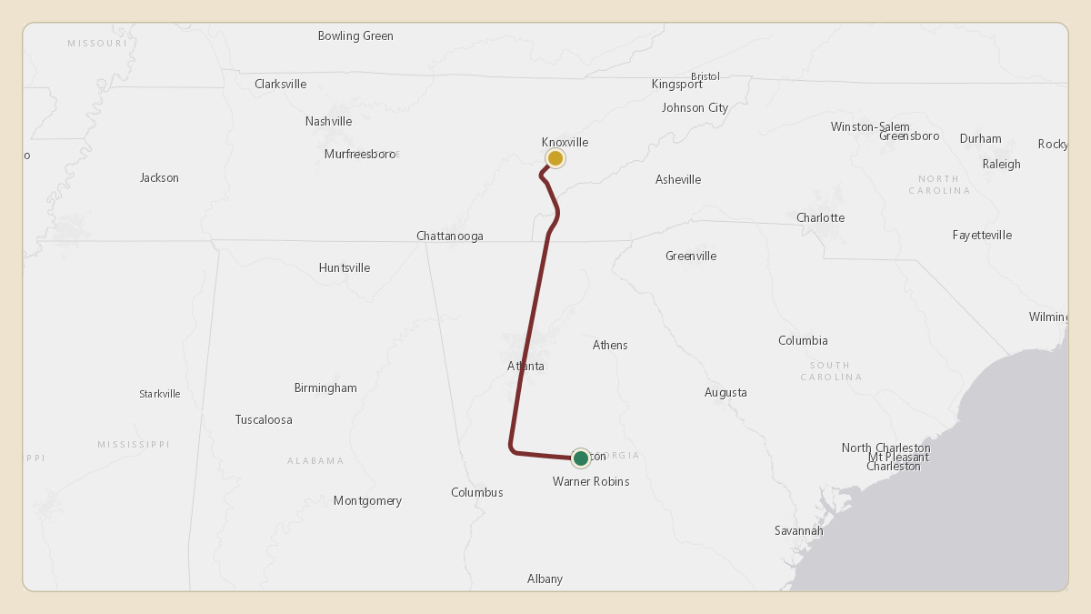 Flight path for Jimmy Haslam's N715CB from KMAC — Macon Downtown Airport to KTYS — McGhee Tyson Airport