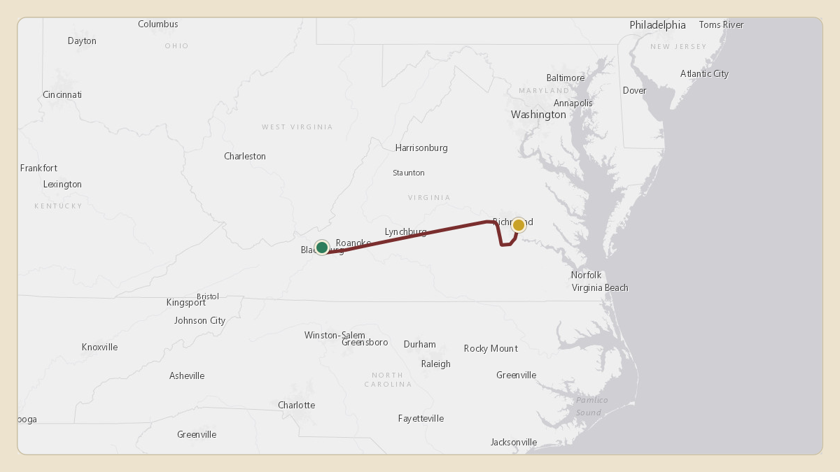 Flight path for Glenn Youngkin's N2VA from KBCB — Virginia Tech Montgomery Executive Airport to KRIC — Richmond International Airport