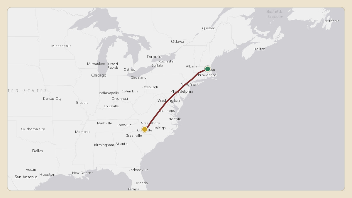 Flight path for Jimmie Johnson's N704JB from KBED — Laurence G Hanscom Field to KJQF — Concord-Padgett Regional Airport