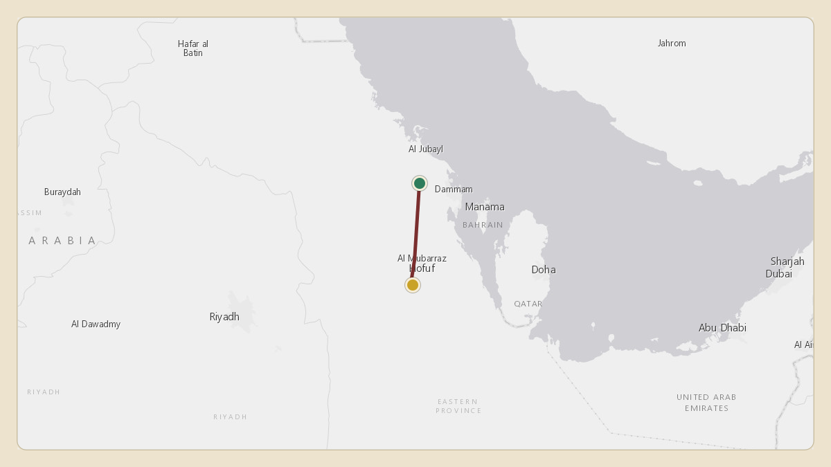 Flight path for Saudi Aramco's N801XA from OEDF — King Fahd International Airport to OEUD — Udhailiyah Airport