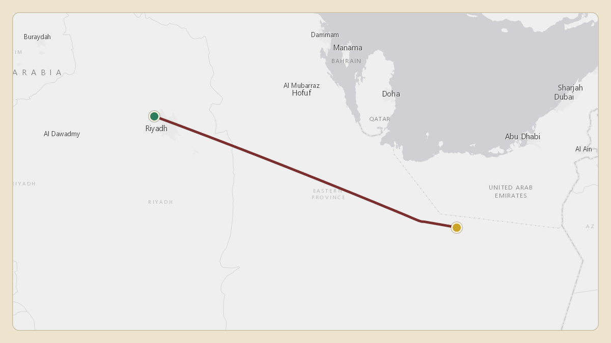 Flight path for Saudi Aramco's N801XA from OE53 — King Abdul Aziz Military Academy Airport to 22.64°, 52.96°