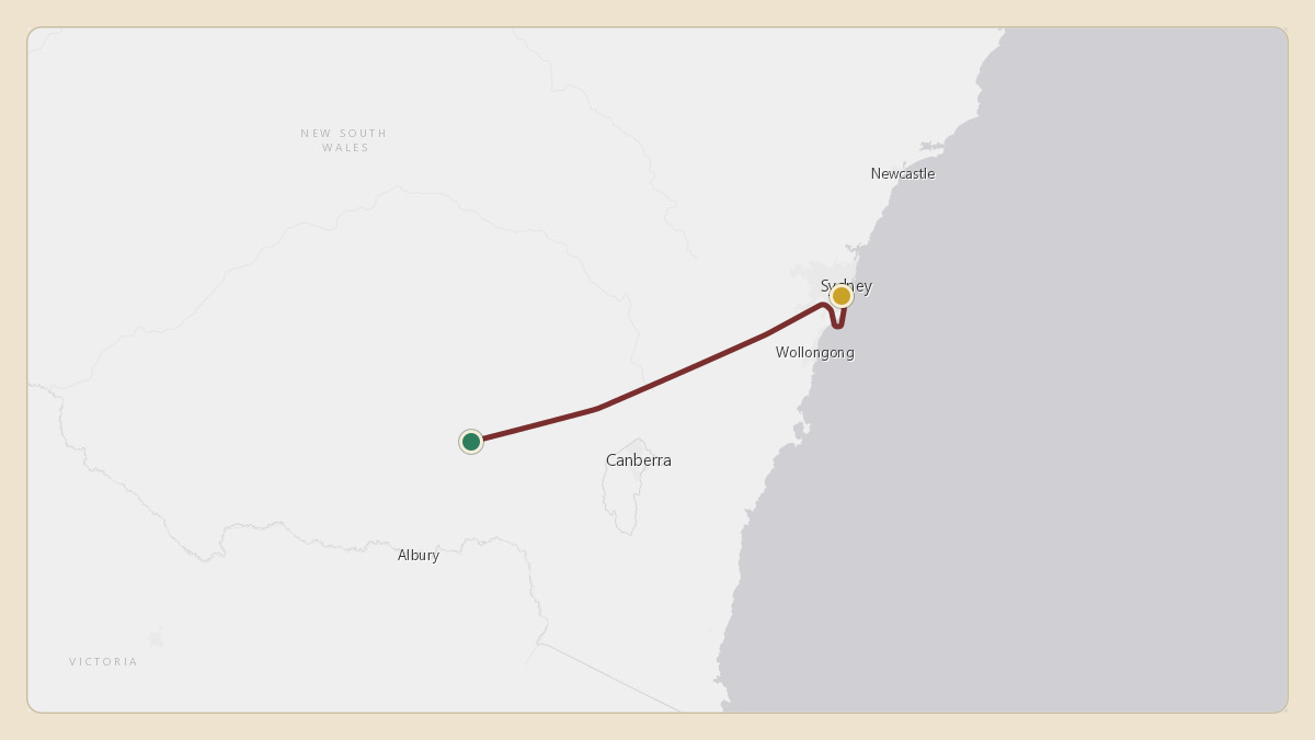 Flight path for Australian Government Flight's A56-001 from YFDN — Federation Hsd Airport to YSSY — Sydney Kingsford Smith International Airport