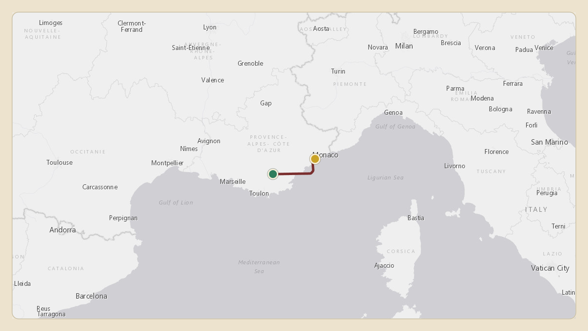 Flight path for Philip Green's 9H-BCT from LFML — Marseille Provence Airport to LFMN — Nice-Côte d'Azur Airport