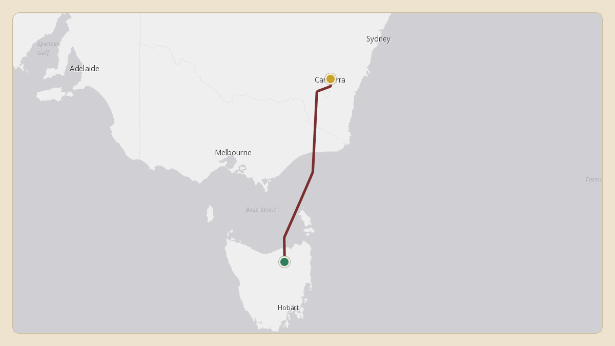 Flight path for Australian Government Flight's A62-001 from YRST — Rostella Airport to YSCB — Canberra Airport
