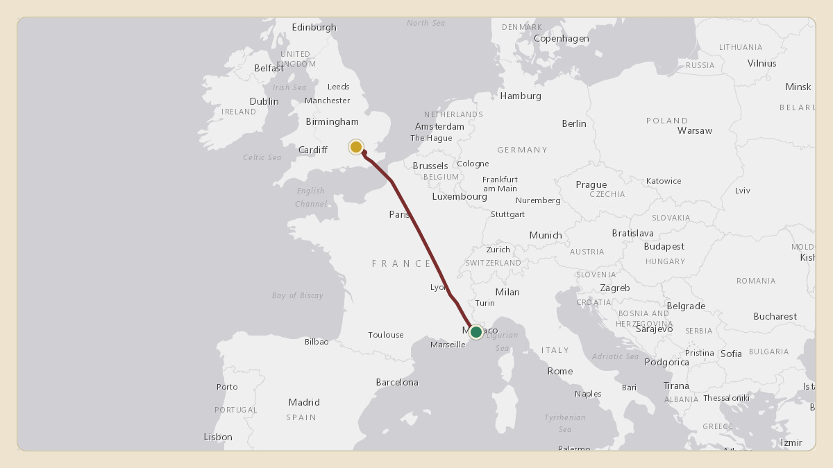 Flight path for Philip Green's 9H-BCT from LFMN — Nice-Côte d'Azur Airport to EGLL — London Heathrow Airport