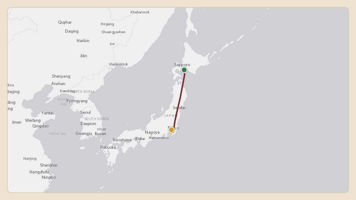 Flight path for Japanese Government / Imperial Flight's 80-1111 from RJCJ — JASDF Chitose Air Base to RJTT — Tokyo Haneda International Airport