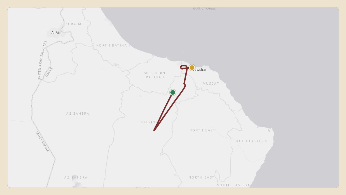 Flight path for Sultan Haitham / Oman Royal Flight's A4O-HMS from OOMS — Muscat International Airport to OOMS — Muscat International Airport