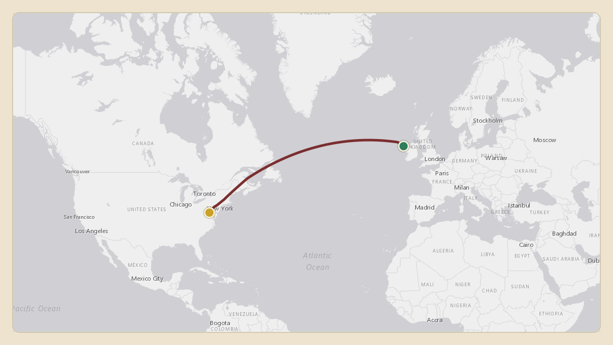 Flight path for Samsung's HL8508 from 54.47°, -10.75° to KIAD — Washington Dulles International Airport