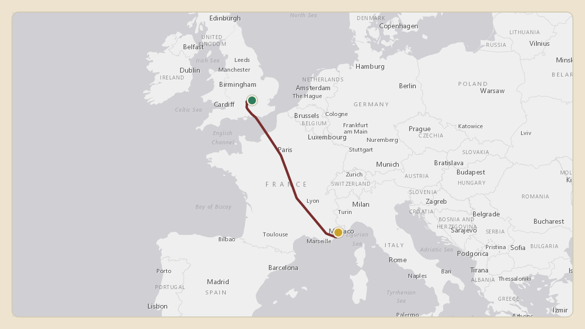 Flight path for Philip Green's 9H-BCT from EGLL — London Heathrow Airport to LFMN — Nice-Côte d'Azur Airport