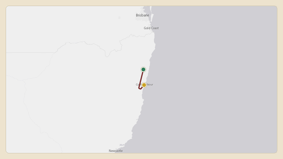 Flight path for Australian Government Flight's A62-002 from -29.71°, 153.08° to YSCB — Canberra Airport