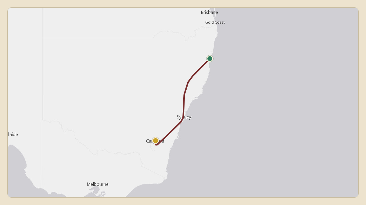 Flight path for Australian Government Flight's A62-002 from -30.25°, 153.27° to YSCB — Canberra Airport