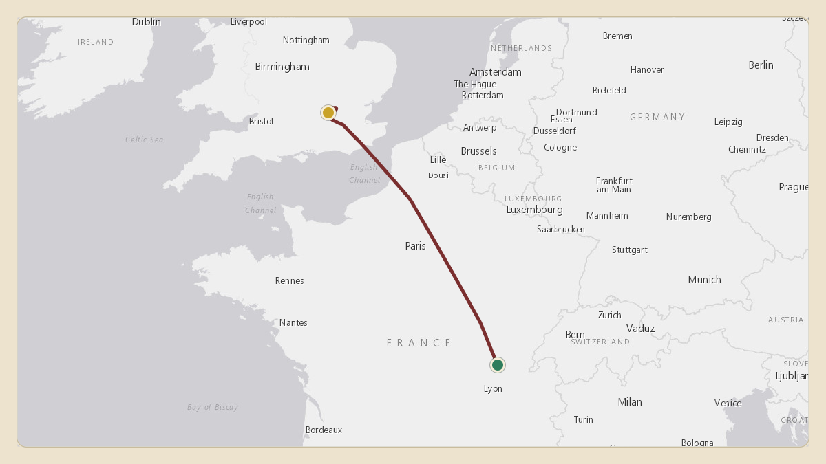 Flight path for Philip Green's 9H-BCT from LFHW — Belleville Villié Morgon Airfield to EGLL — London Heathrow Airport