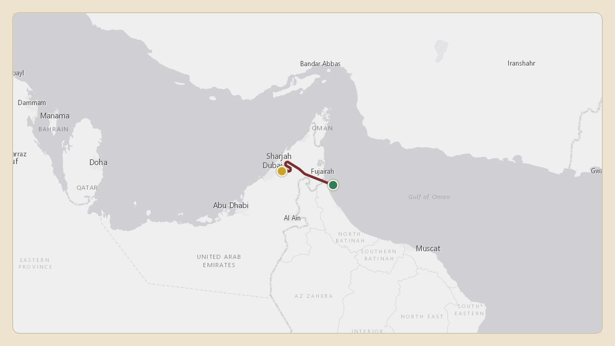 Flight path for Dubai Royal Wing — Sheikh Mohammed bin Rashid's A6-HRS from OMFJ — Fujairah International Airport to OMDB — Dubai International Airport