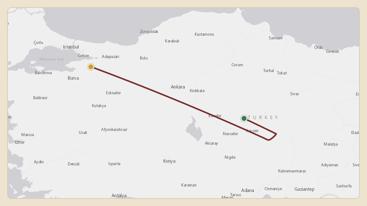 Flight path for Recep Tayyip Erdogan / Turkish Presidential Flight's TC-CAN from LTAU — Kayseri Erkilet International Airport to LTBR — Bursa Yenişehir Airport